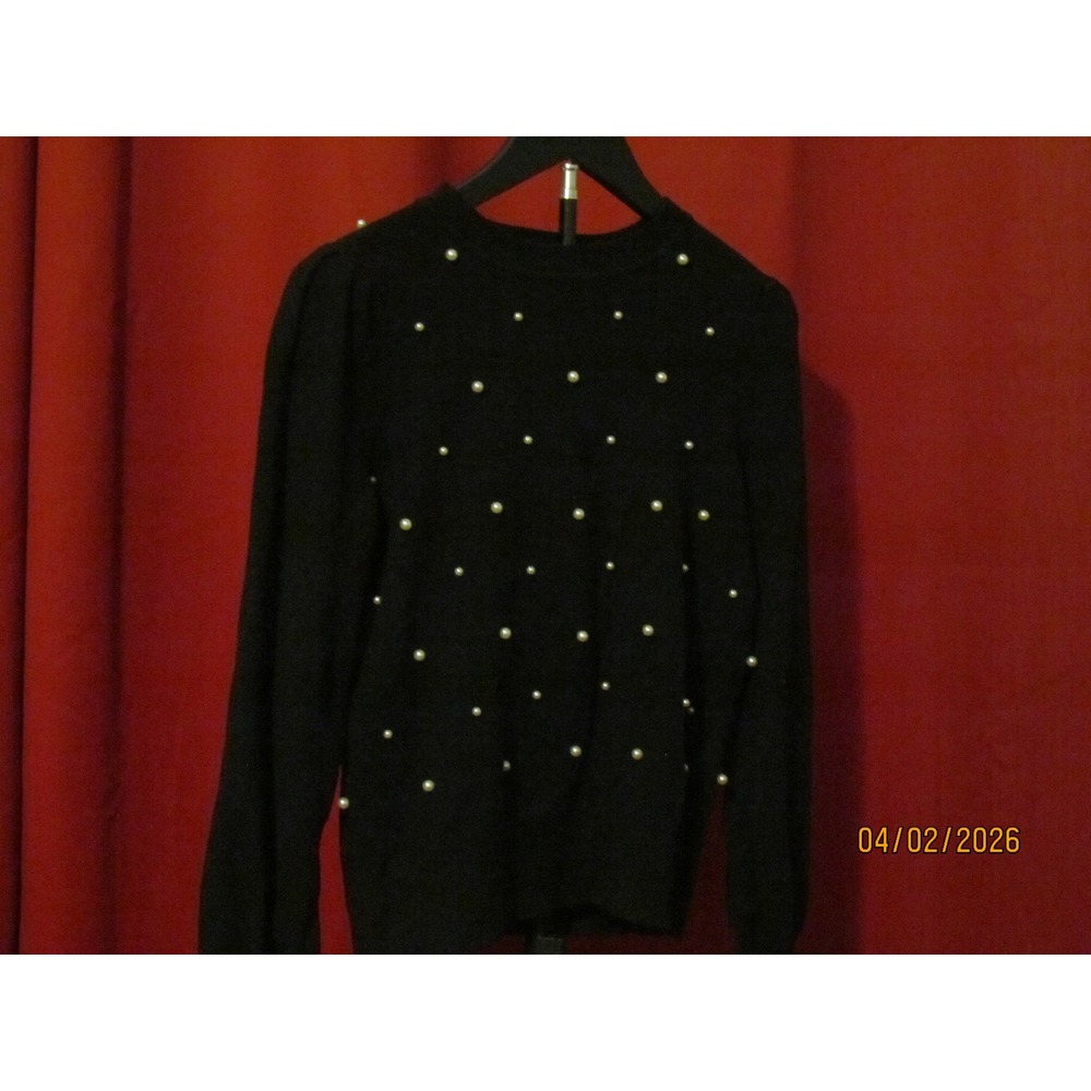 Charter Club Black Faux Pearl Embellished Crewneck Sweater Puff Sleeve Knit Top